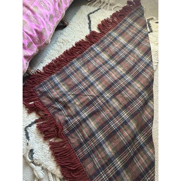 Vintage Plaid Wool Shaw Fringe Triangle brown rust gray olive green 82”x82” - Picture 14 of 16